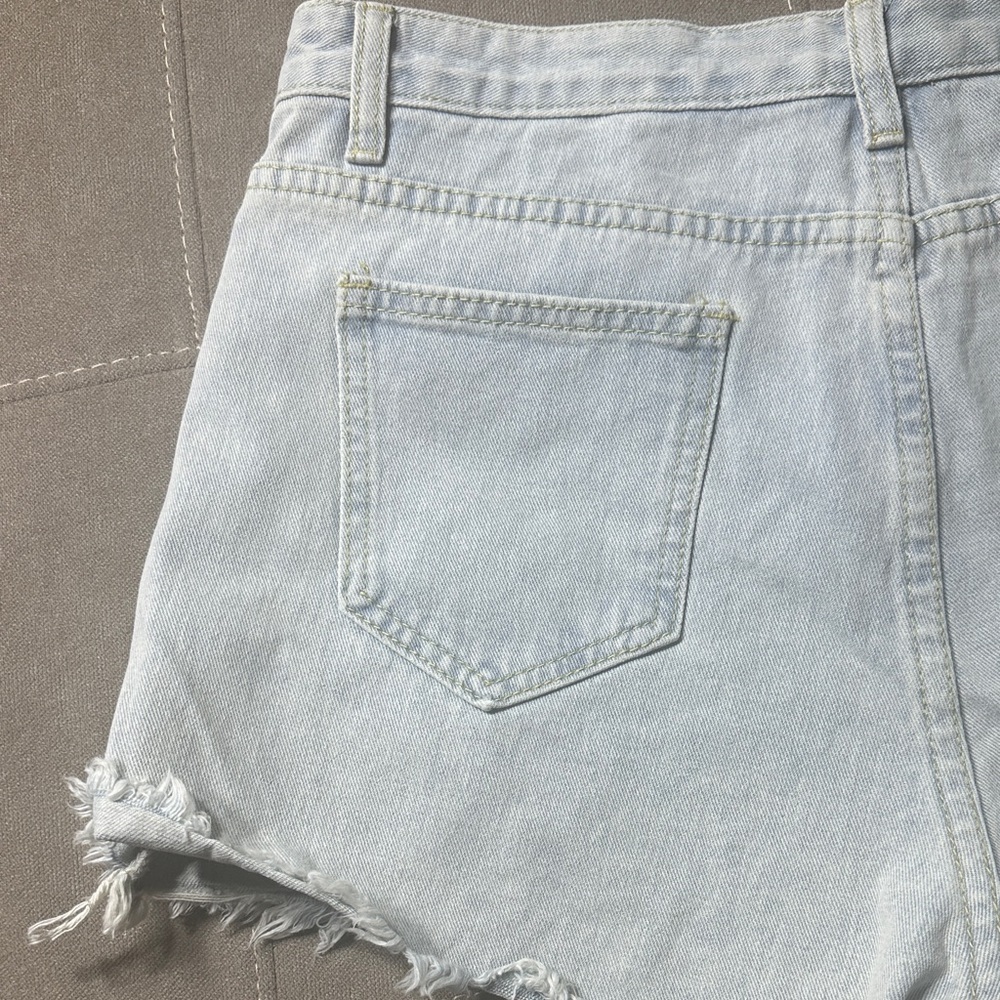 Light Blue Distressed Denim Shorts with Pearl Details - Picture 4 of 7